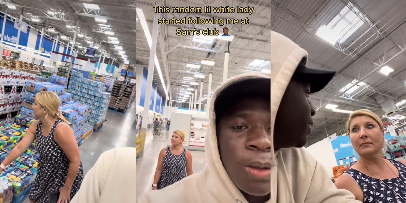 woman crouched at store grabbing drinks (l) woman behind man in store caption 'This random lil white lady started following me at Sam's club' (c) Man turned to woman speaking woman making sour face in store (r)