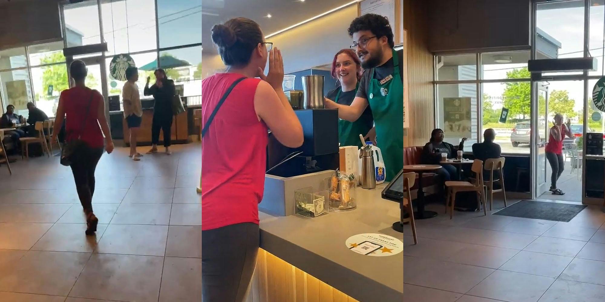 woman storming out of Starbucks other customers yelling at her (l) Woman screaming at Starbucks employee's faces at register (c) woman shouting from open door into Starbucks, other customer waving hand at her (r)