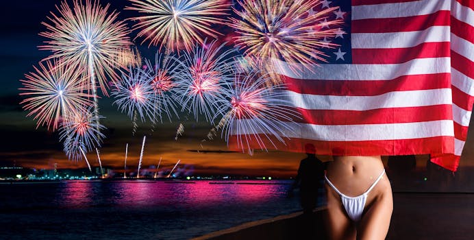 best july 4th porn sites, featured image, a patriotic display of fireworks over the flag held by a woman in a bikini