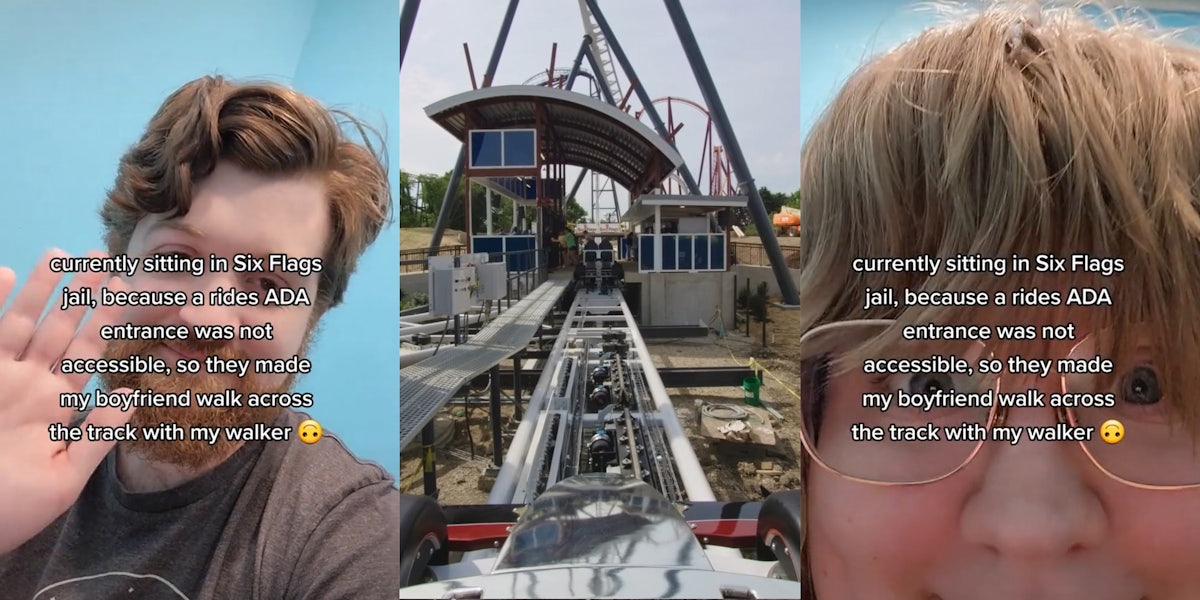 man waving with caption 'currently sitting in Six Flags jail, because a rides ADA entrance was not accessible, so they made my boyfriend walk across the track with my walker' (l) Power Maxx rollercoaster (c) woman with glasses