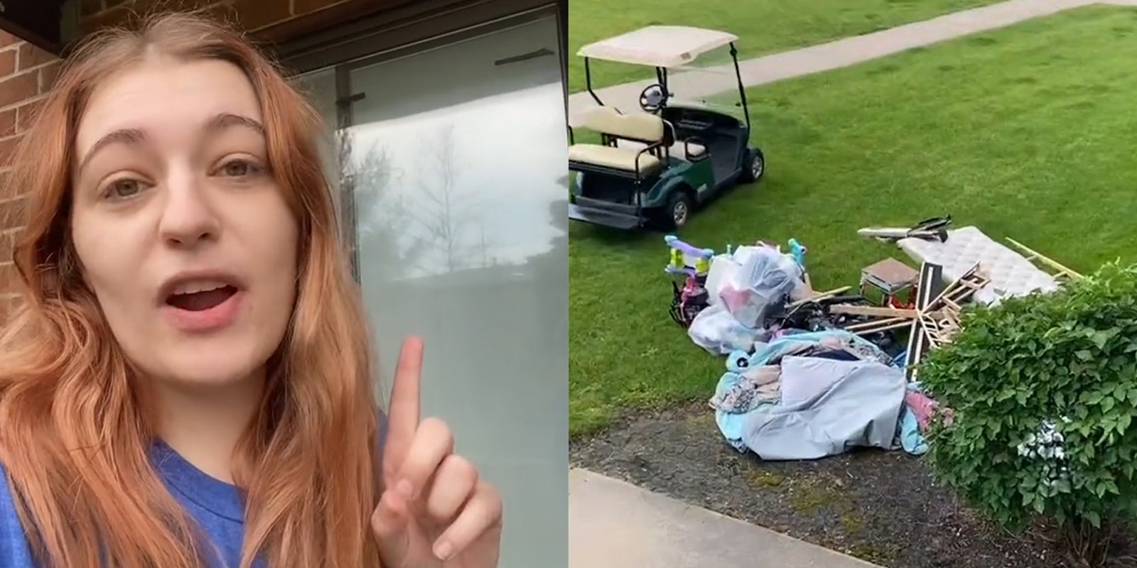 young woman pointing up (l) golf cart next to belongings thrown onto ground (r)