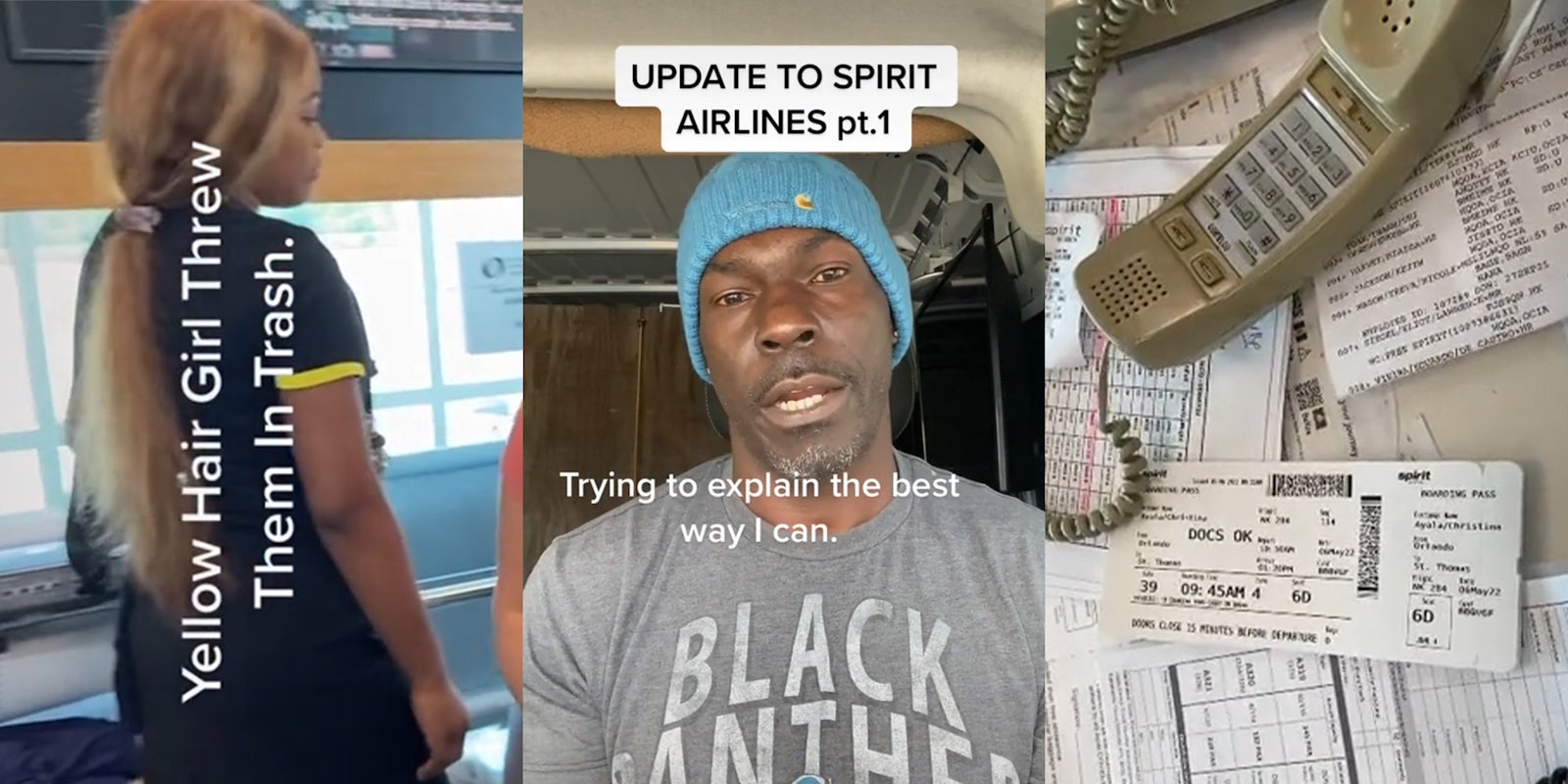 airline employee with caption 'yellow hair girl threw them in trash' (l) man in blue had and black panther t-shirt with captions 'update to spirit airlines pt.1' and 'trying to explain the best way I can' (c) phone off hook with boarding pass on desk (r)