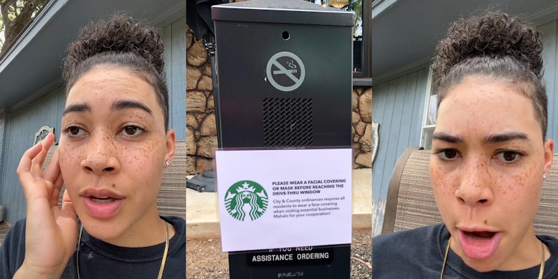 woman speaking outside pretending hand is headset (l) Starbucks drive thru speaker (c) woman speaking outside making shocked expression (r)