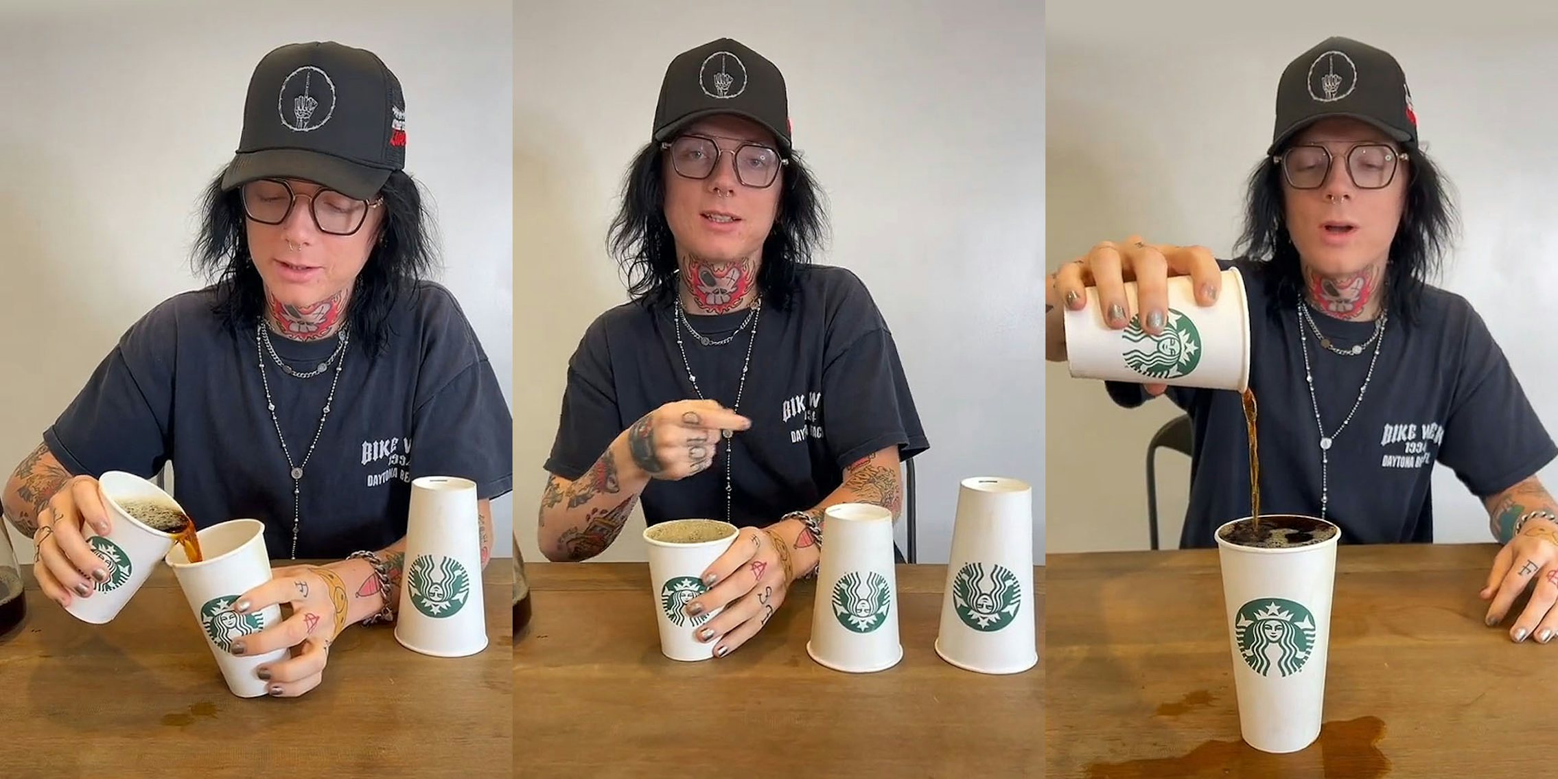 man at table with Starbucks cups all 3 sizes pouring the short cup into tall cup (l) Man holding Starbucks cup at table with coffee pointing hand right (c) man holding Starbucks cup at table pouring coffee into grande cup (r)