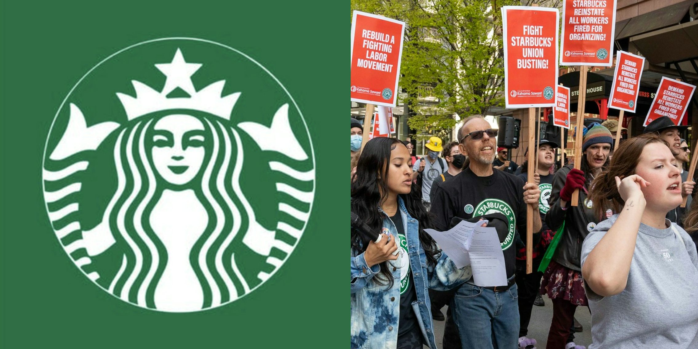 1) green starbucks logo of the siren 2) starbucks workers united organizers marching, holding up red signs reading 'fight starbucks union busting!'