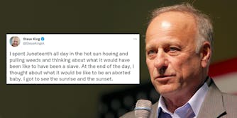 Steve King on right holding microphone over blurred American flag and olive green background with tweet by Steve King on left caption "I spent Juneteenth all day in the hot sun hoeing and pulling weeds and thinking about what it would have been like to have been a slave. At the end of the day, I thought about what it would be like to be an aborted baby. I got to see the sunrise and the sunset."