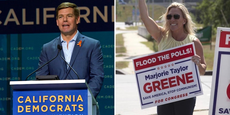 Eric Swalwell speaking into microphone (l) Marjorie Taylor Greene standing with arm up holding sign outside (r)
