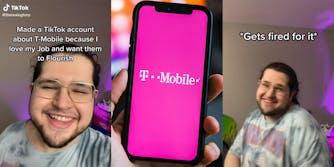 young man smiling with caption "made a tiktok account about t-mobile because I love my job and want them to flourish" (l) hand holding phone with t-mobile logo (c) man dancing with caption "gets fired for it" *(r)