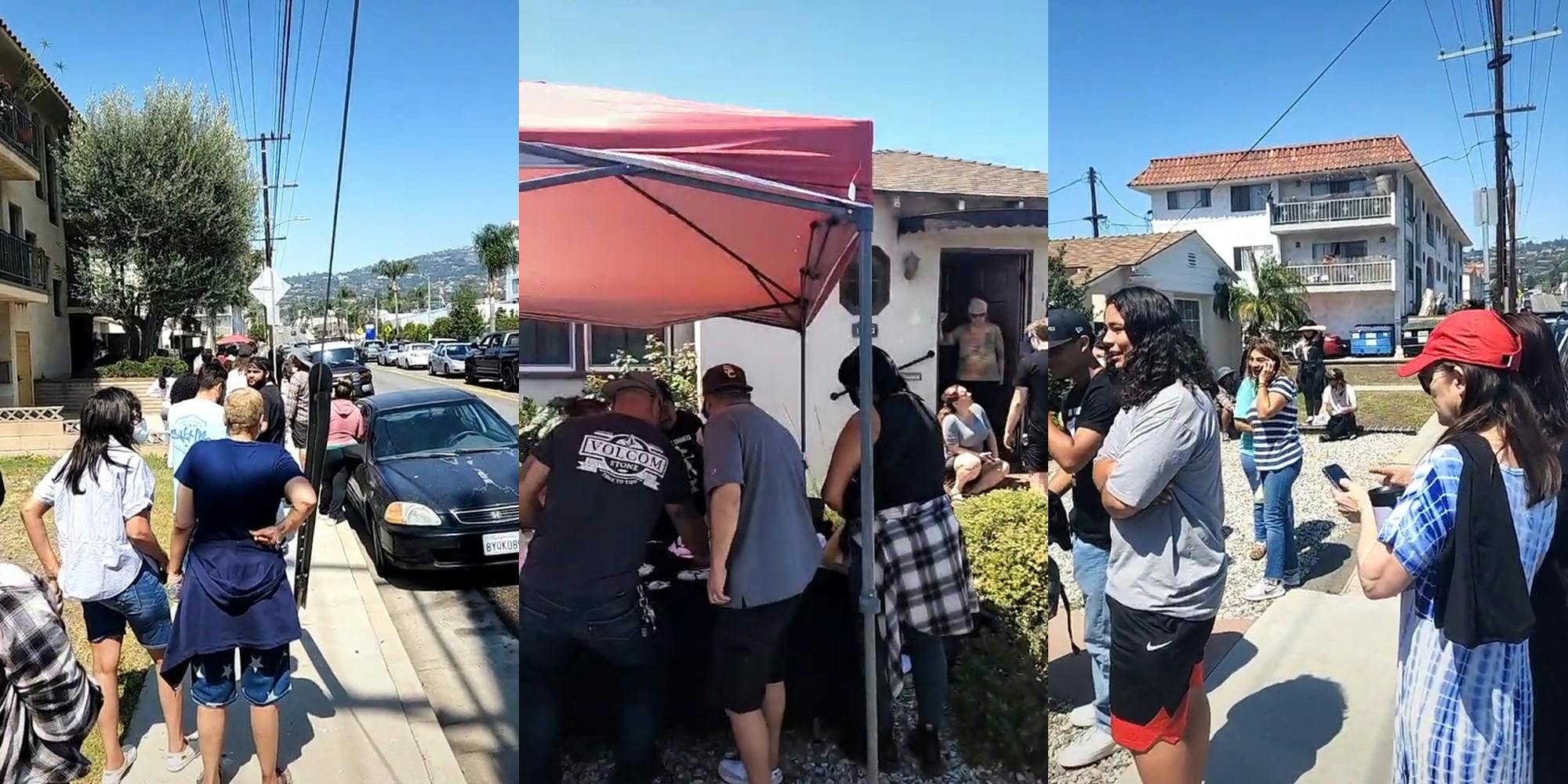 group of people on street sidewalk forming line (l) people at tent on lawn getting tamales (c) group of people on sidewalk (r)