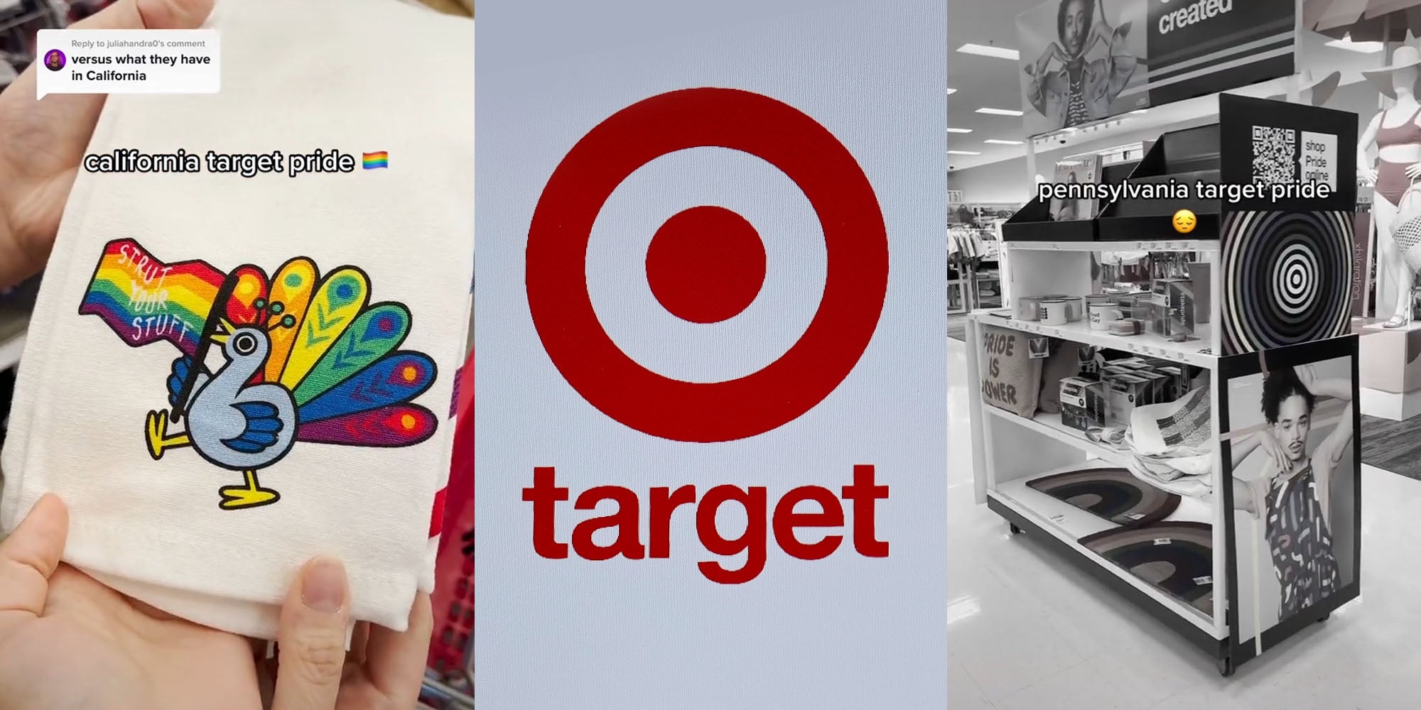 pride collection from California with rainbow turkey on hand towel caption "versus what they have in California" "ca;ifornia target pride" (l) Target logo on grey background (c) Target pride section in Pennsylvania in black and white caption "pennsylvania target pride" (r)