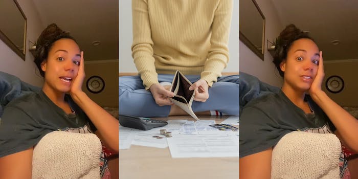 woman hand on side of face speaking on couch (l) stressed woman on floor holding empty wallet over papers on floor (c) woman speaking on couch hand on side of face (r)