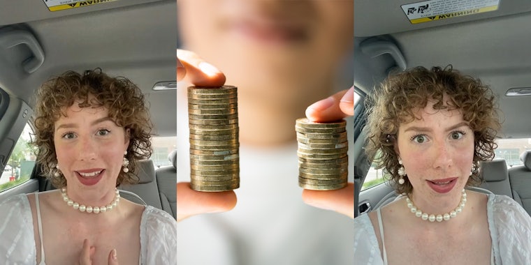 woman speaking in car hand on chest (l) person holding two stacks of coins between fingers one larger than the other (c) woman speaking in car shocked expression (r)