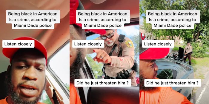 man in car (l) police officer pointing finger in man's face through window (c) police officer on laptop behind car, man standing near driver's side door (r) all with caption "Being black in American is a crime, according to Miami Dade police" and "Listen closely"