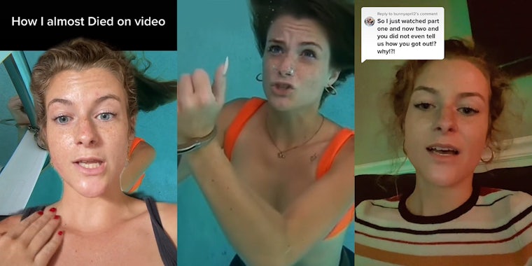 woman greenscreen tiktok speaking hand on collar over photo of woman in pool caption 'How I almost died on video' (l) woman underwater photoshoot hands cuffed to ladder (c) woman speaking caption 'So I just watched part one and now two and you did not even tell us how you got out!? why?!