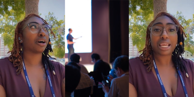 Woman speaking outside conference badge on neck upset (l) man speaking at tech conference blurred on stage listeners seated (c) woman speaking outside conference badge on neck upset (r)
