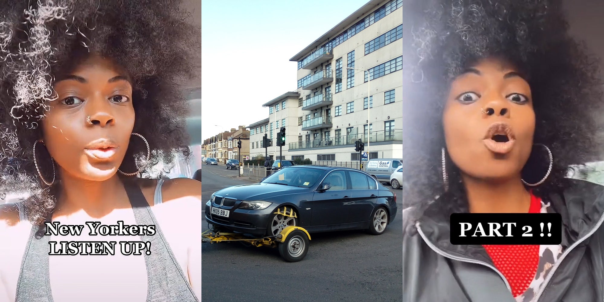 woman speaking in car caption 'New Yorkers LISTEN UP!' (l) car being towed (c) woman speaking in car caption 'PART 2!!' (r)