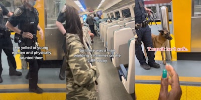 police officer outside of subway other police around caption 'He yelled at young women and physically taunted them' (l) Inside subway caption 'So there was a man wielding a hammer on the LIRR today' (c) Police with police dog outside of subway woman hand reaching out caption 'Transit isn't safe' (r)