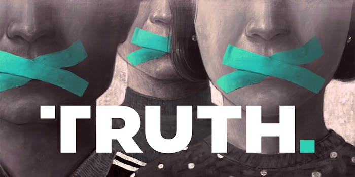 Truth social logo over people with mouths taped shut