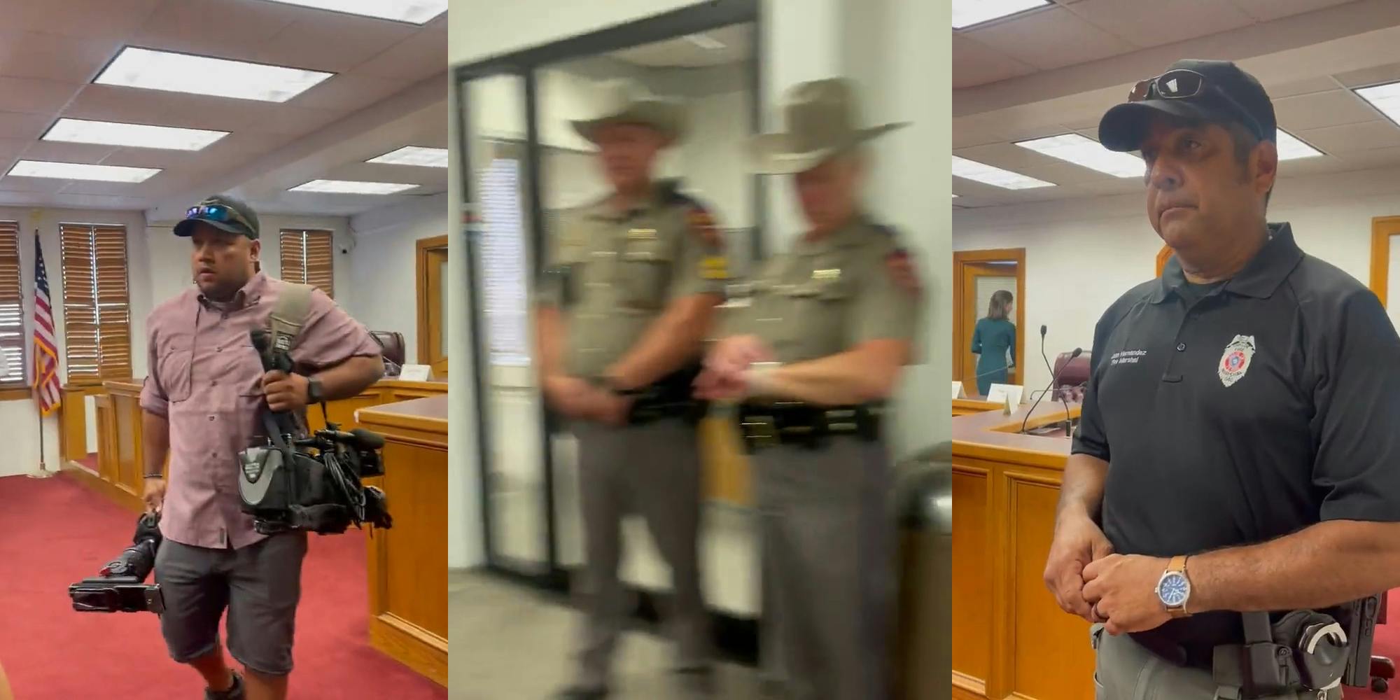 man carrying camera gear (l) police (c) man with badge on shirt (r)