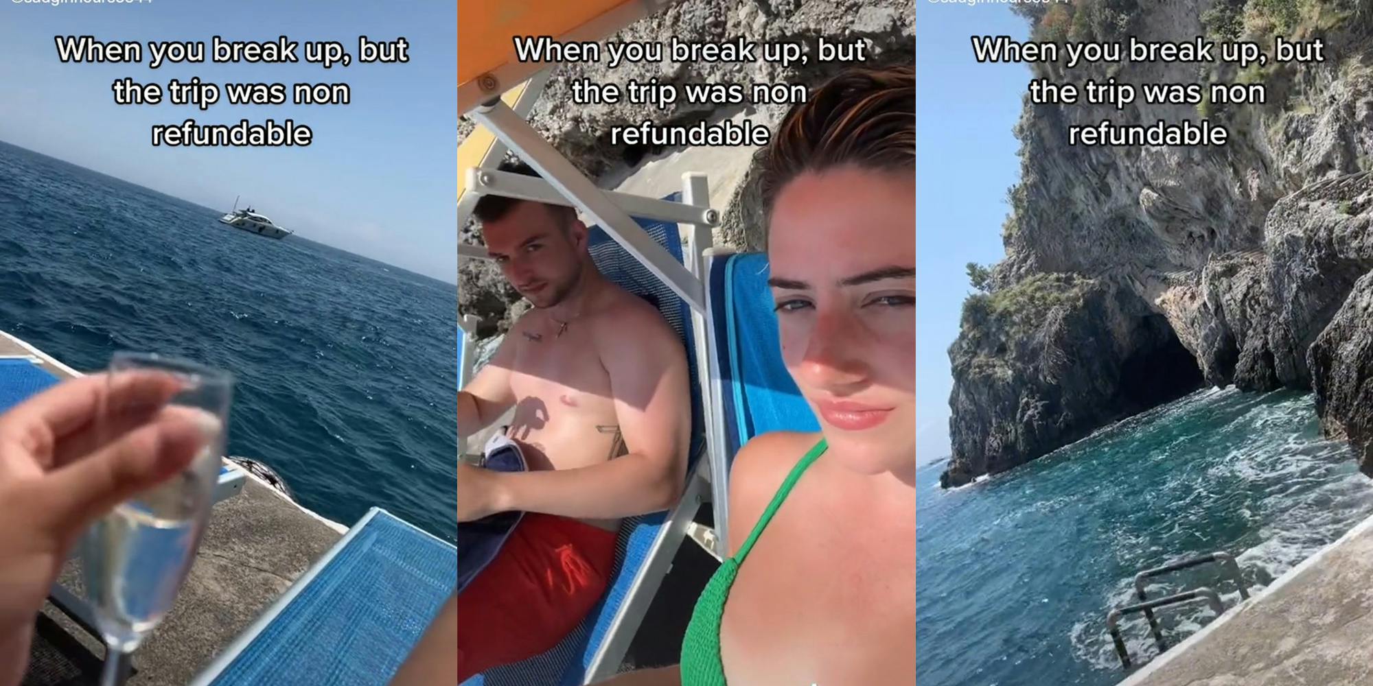 hand holding glass with boat in water (l) man and woman sitting under umbrella (c) rocks and swimming area (r) with caption "When you break up, but the trip was non refundable"