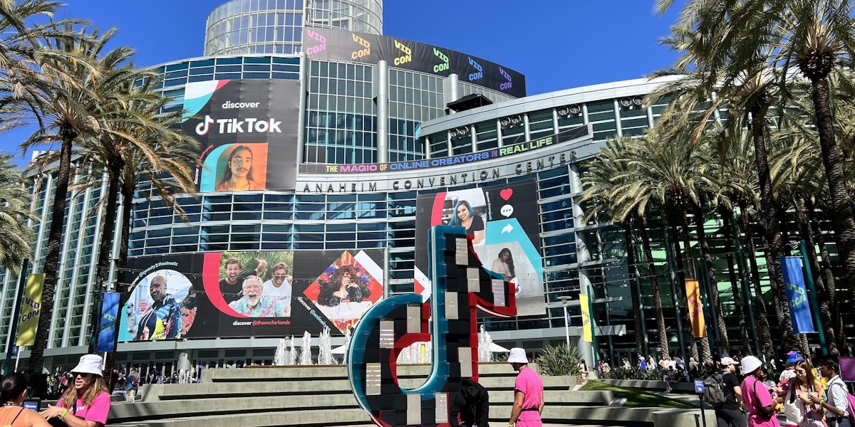 A photo of the anaheim convention center decorated for vidcon 2022