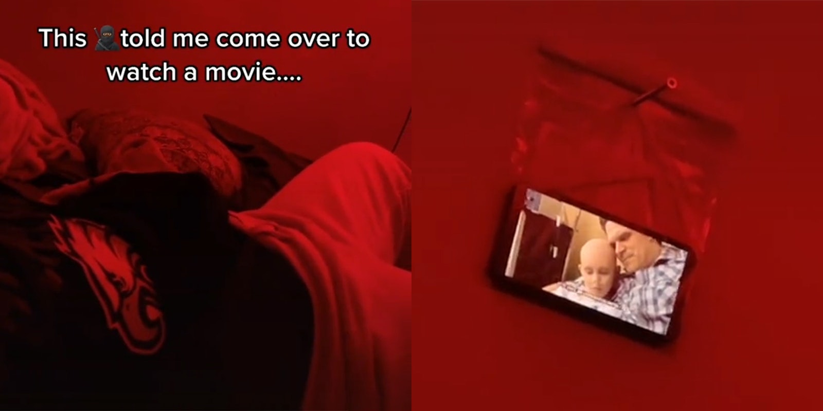 man on bed with Eagles logo and caption 'this ninja told me to come over to watch a movie...' (l) movie playing on phone inside plastic bag screwed to wall (r)