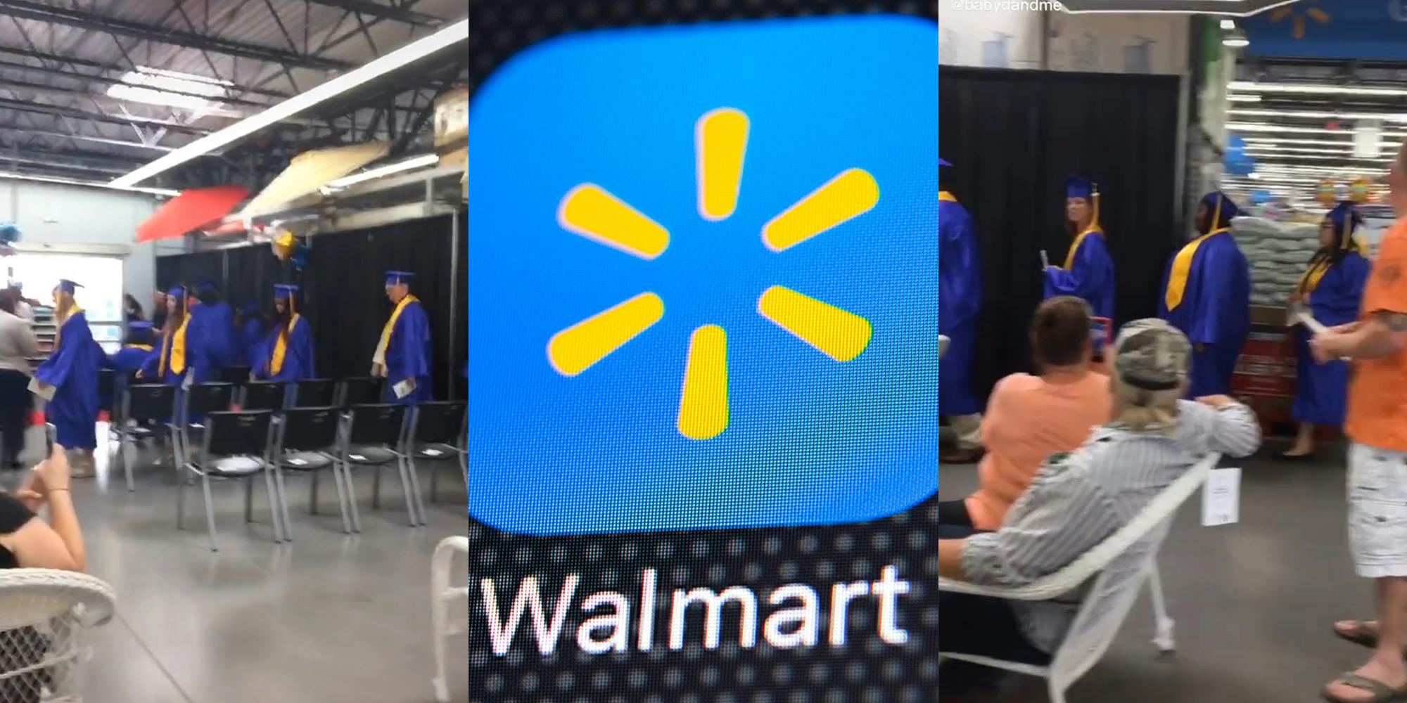 walmart workers in caps and gowns (l&r) walmart logo on phone (c)