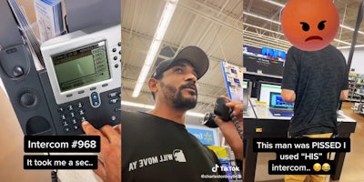 man dialing phone with caption 'intercom #968 it took me a sec..' (l) man on phone in walmart (c) walmart employee with angry emoji over head and caption 'This man was PISSED I used 'HIS' intercom..' (r)