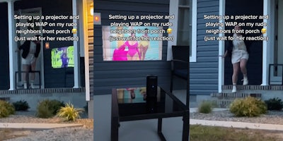 Neighbor spotting WAP projected on house caption 'Setting up a projector and playing WAP on my rude neighbors front porch (just wait for her reaction)' (l) Neighbor's porch with Cardi B WAP projected on wall table with projector set up caption 'Setting up a projector and playing WAP on my rude neighbors front porch (just wait for her reaction)' (c) Neighbor coming down steps angry caption 'Setting up a projector and playing WAP on my rude neighbors front porch (just wait for her reaction)' (r)