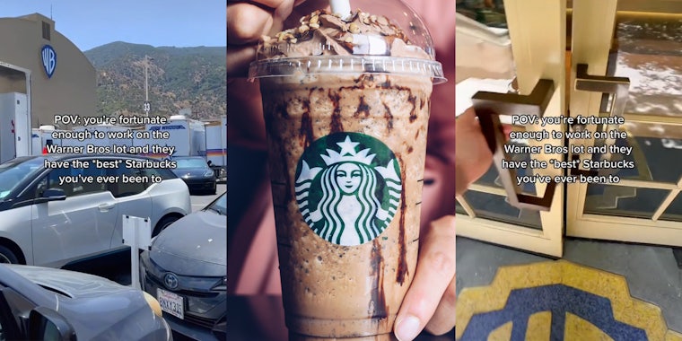 parking lot with Warner Bros lgoo on building (l) Starbucks logo on cup (c) hand opening door with Warner Bros logo on floor (r) caption 'POV: you're fortunate enough to work on the Warner Bros lot and they have the *best* Starbucks you've ever been to'