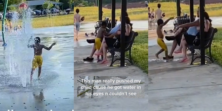 young child playing in water (l) child approaching people on bench with caption 'this man really pushed my child cause he got water in his eyes n couldn't see' (c) man pushing child (r)