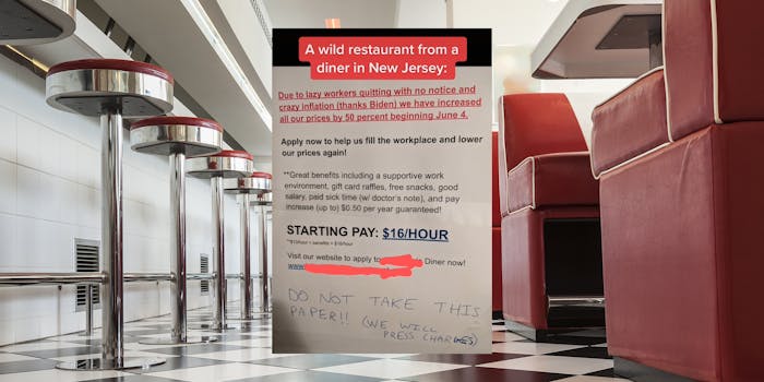 hiring sign over diner background with caption "a wild restaurant from a diner in new jersey"