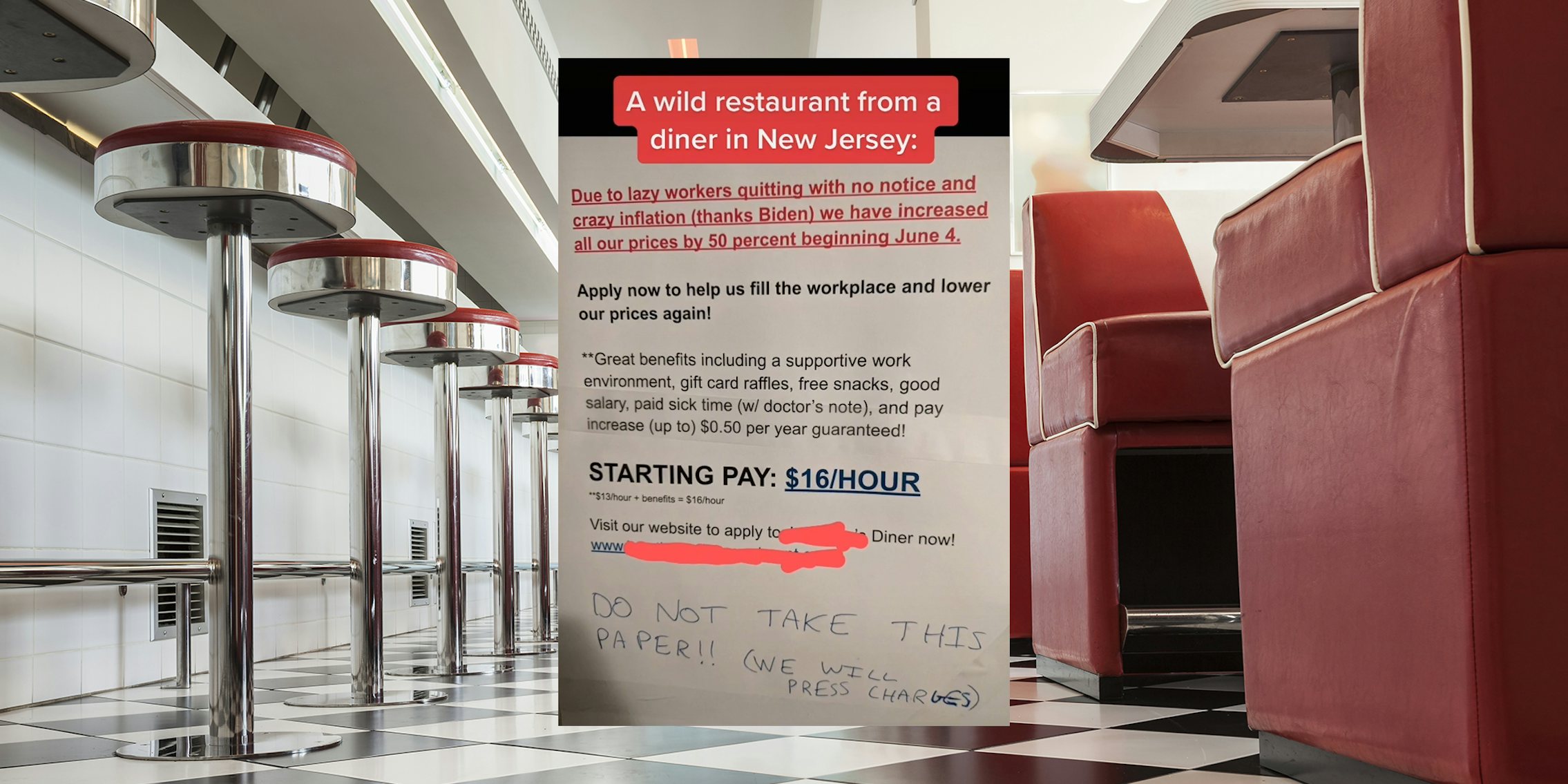 hiring sign over diner background with caption 'a wild restaurant from a diner in new jersey'