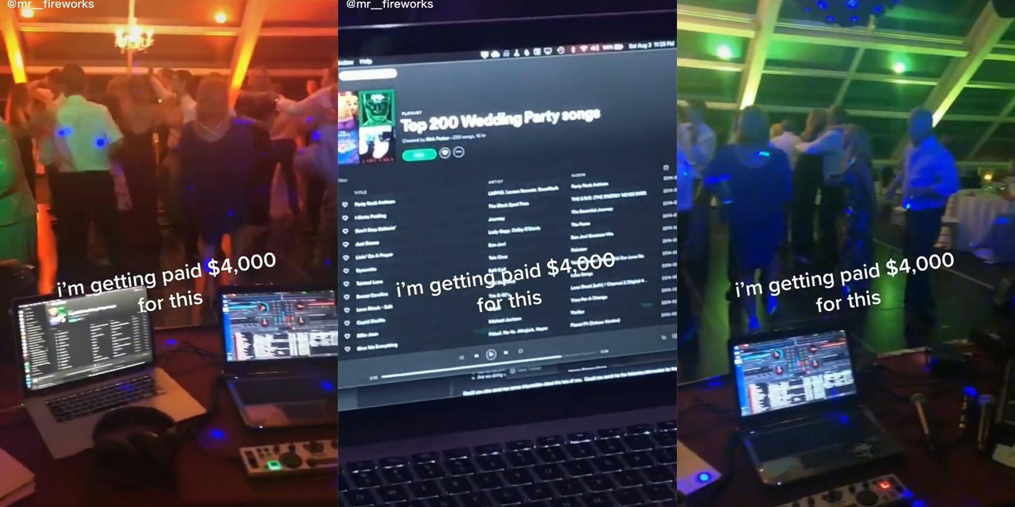 people on dance floor (l&r) spotify Top 200 Wedding Party songs playlist on laptop screen (c) all with caption "i'm getting paid $4,000 for this"