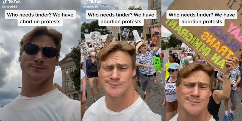 man at protest with caption 'who needs tinder? we have abortion protests'