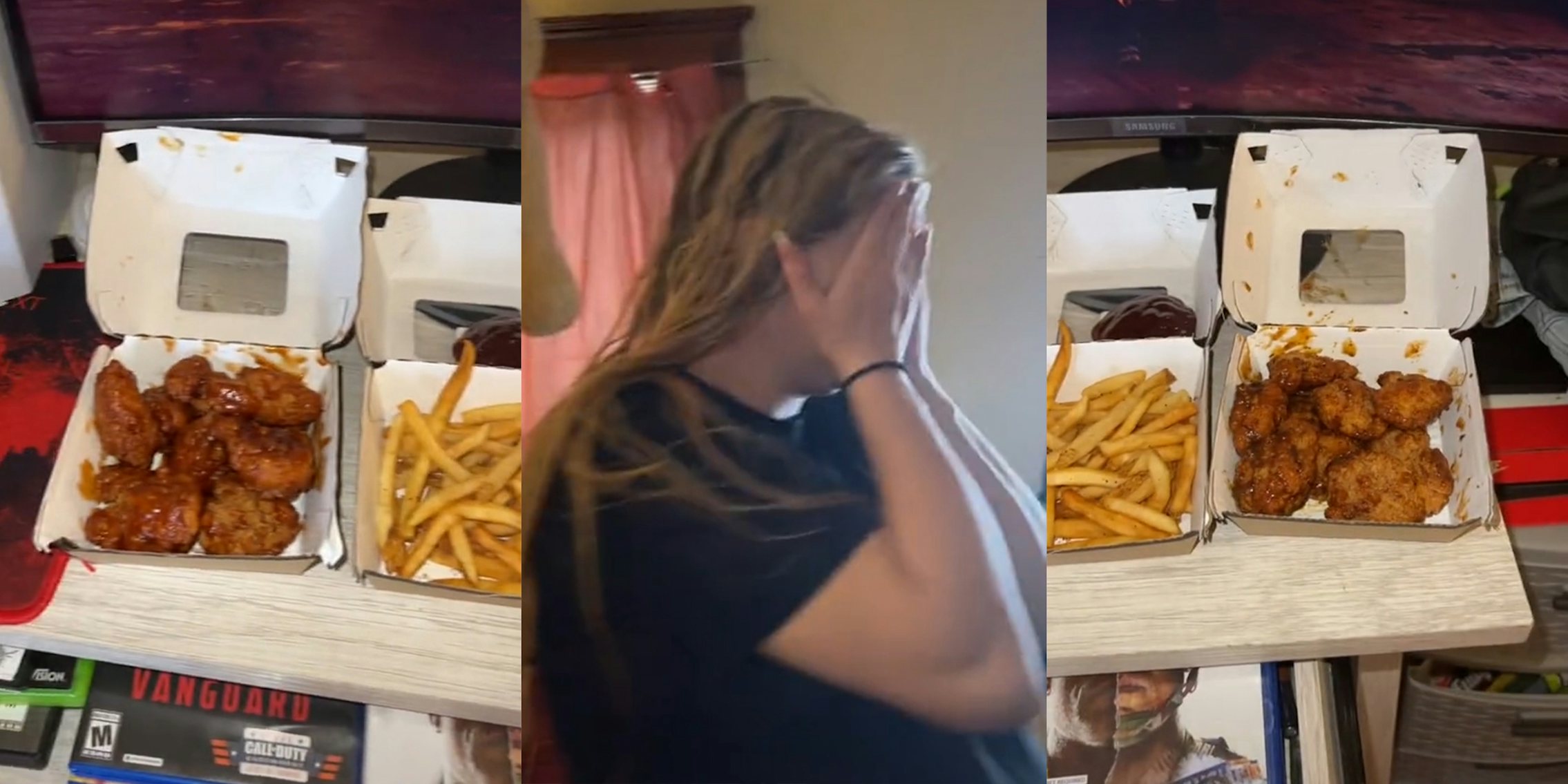 wings and fries (l&r) young woman with hands covering face (c)
