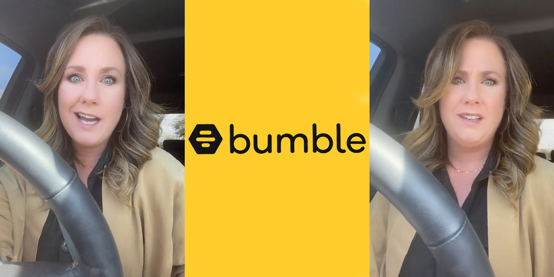 woman speaking in car (l) Bumble logo on yellow background (c) woman speaking in car (r)
