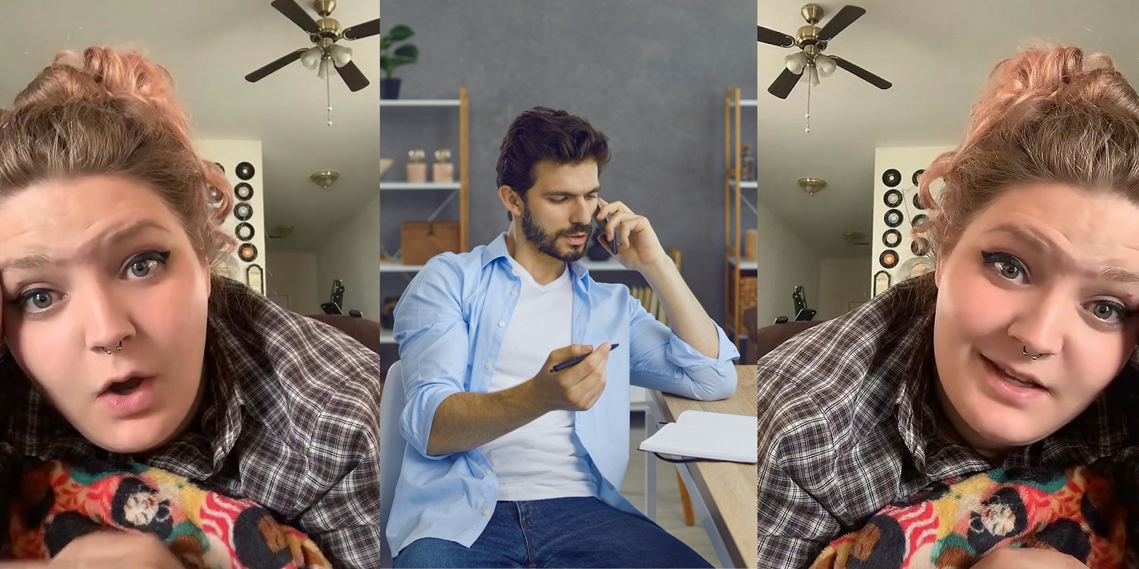 woman speaking head tilted left (l) man at desk phone up to ear pen in hand (c) woman speaking head tilted right (r)