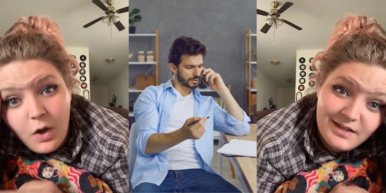 woman speaking head tilted left (l) man at desk phone up to ear pen in hand (c) woman speaking head tilted right (r)
