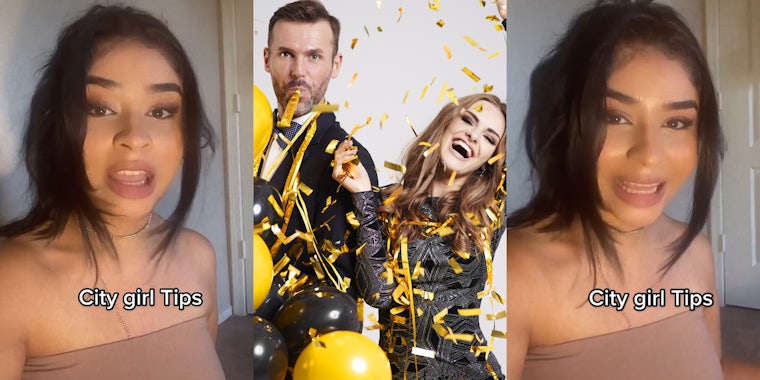 woman speaking caption 'City girl Tips' (l) woman and man celebrating yellow and black confetti and balloons on white background (c) woman speaking caption 'City girl Tips' (r)