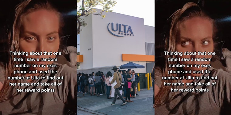 woman in car caption 'Thinking about the one time I saw a random number on my exes phone and used the number at Ulta to find out her name and take all of her reward points' (l) Crowed lined up outside Ulta building (c) woman in car caption 'Thinking about the one time I saw a random number on my exes phone and used the number at Ulta to find out her name and take all of her reward points' (r)