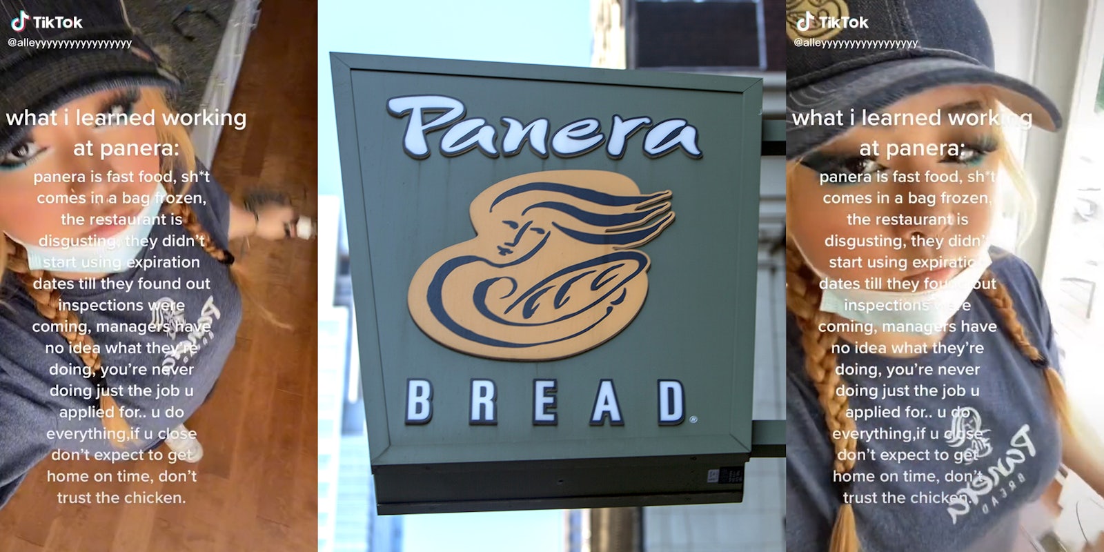 young woman with mask under mouth in panera bread uniform with panera bread sign