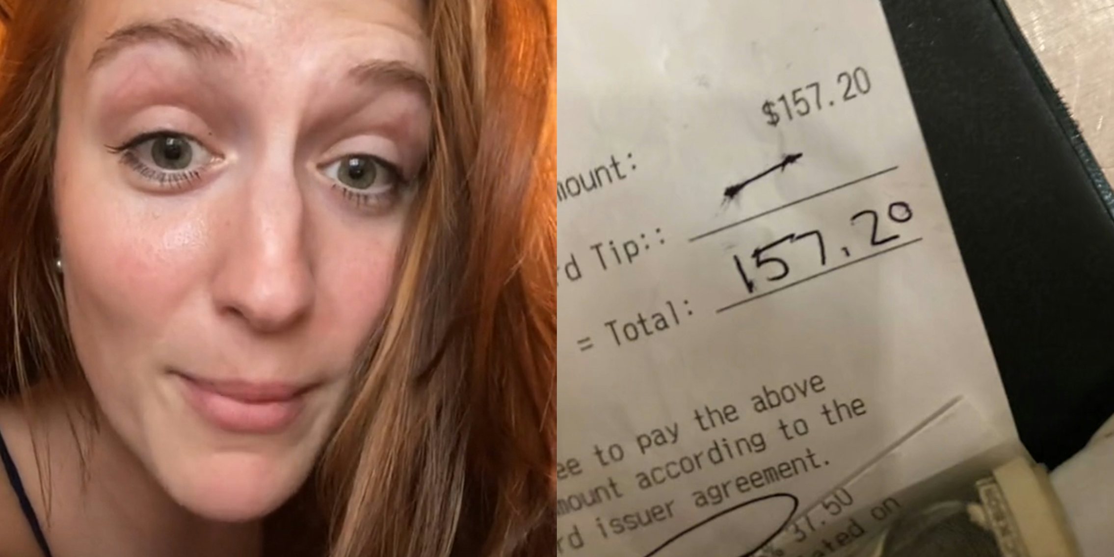 woman with raised eyebrows (l) $157.20 bill with no tip (r)