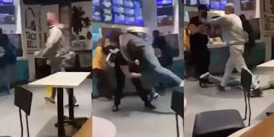Customer at Taco Bell moving towards employee (l) Taco Bell employee grabbing aggressive man (c) Man on ground other man shoving employee away (r)