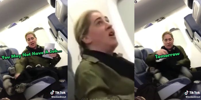 woman on plane with caption "You may not have a job tomorrow"