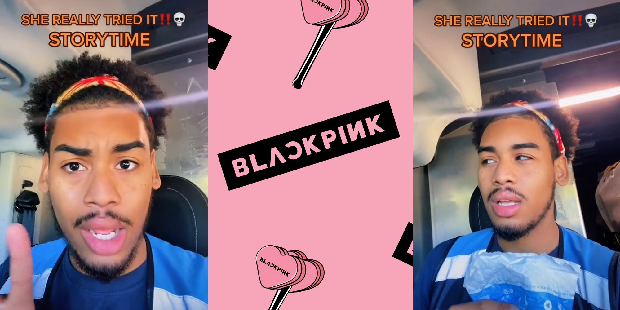 Amazon delivery driver finger up speaking in car caption 'SHE REALLY TRIED IT!! STORYTIME' (l) Blackpink kpop pattern Blackpink logo with lollipops pink (c) Amazon delivery driver making annoyed face speaking caption 'SHE REALLY TRIED IT!! STORYTIME' (r)