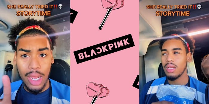 Amazon delivery driver finger up speaking in car caption "SHE REALLY TRIED IT!! STORYTIME" (l) Blackpink kpop pattern Blackpink logo with lollipops pink (c) Amazon delivery driver making annoyed face speaking caption "SHE REALLY TRIED IT!! STORYTIME" (r)