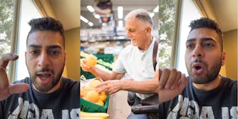 Uber driver speaking hand up (l) elderly man in mobility chair at grocery store shopping (c) Uber driver speaking hand up shocked expression (r)