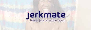 Jerkmate logo with a woman's face in the background.