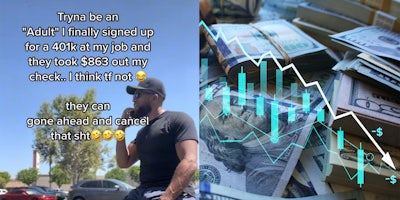 Man brushing his beard with caption 'Tryin to be an 'adult' I finally signed up for a 401k at my job and they took $863 out my check.. I think tf not. they can gone ahead and cancel that sht' (l) stacks of bills with downward trending arrow and bollinger bands (r)